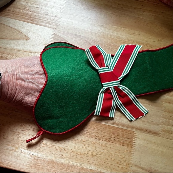 Christmas Stocking with Red White and Green Striped Bow Green Felt Dog Bone - Picture 6 of 10